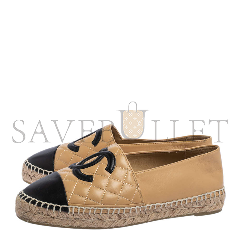 Ch*el beige black leather espadrille flats g29762
